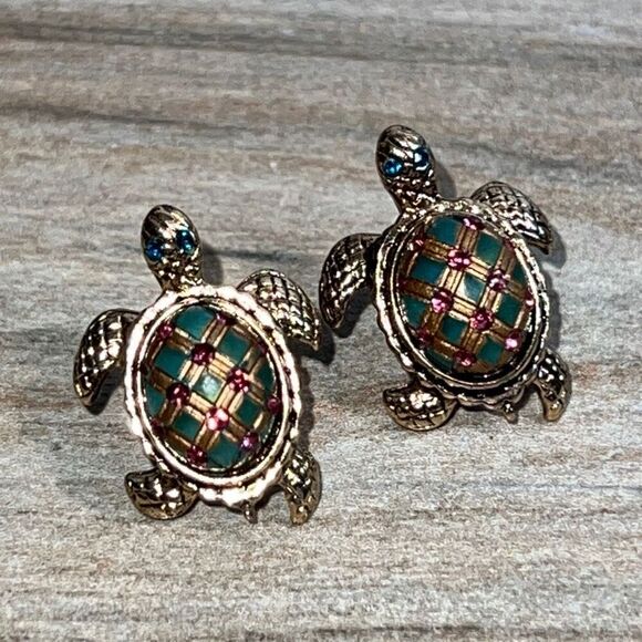 Betsey Johnson Turtle Stud Pierced Earrings Turquoise Pink Gold - Picture 1 of 5